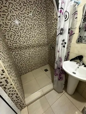 a bathroom with a sink and a shower curtain at Sara s Apartments in Ulcinj