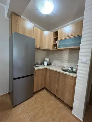 a kitchen with a stainless steel refrigerator and a sink at Apartment Elena in Prijevor