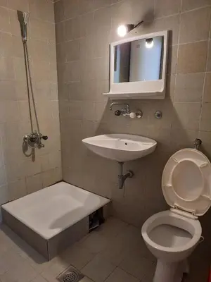 a bathroom with a sink and a toilet and a mirror at Apartman Nina in Donji Štoj