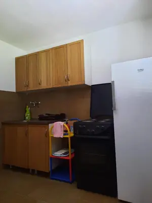 a kitchen with a stove and a refrigerator at Apartman Nina in Donji Štoj