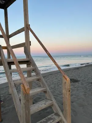 a wooden ladder on the beach near the ocean at Apartman Nina in Donji Štoj