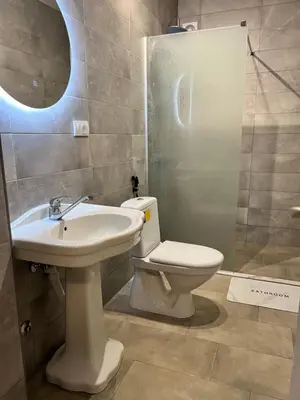 a bathroom with a sink and a toilet and a mirror at Apartment Zeneli in Ulcinj