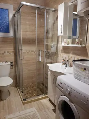 a bathroom with a shower and a toilet and a sink at Первая аренда уютного дома для летнего отдыха in Kravlja