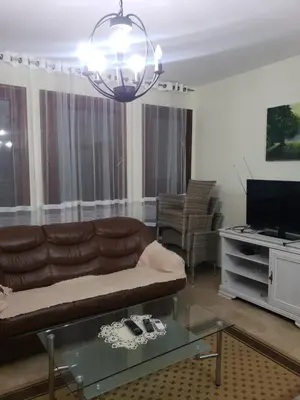 a living room with a brown couch and a tv at Первая аренда уютного дома для летнего отдыха in Kravlja