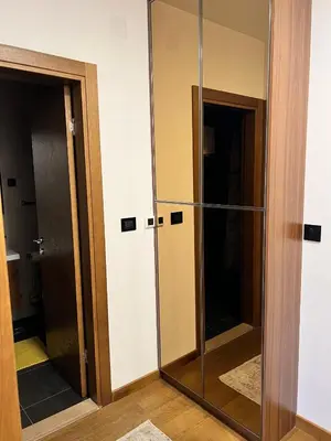 a bathroom with two glass doors and a mirror at Montenegro Prestige Suite in Podgorica