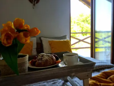 a tray with a plate of food and a cup of coffee at Castio del Monte Winery & Resort in Petrovac na Moru