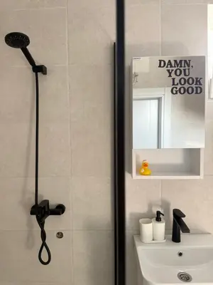 a bathroom with a shower and a sink and a mirror at Cloud 9 Apartment in Lajkovići