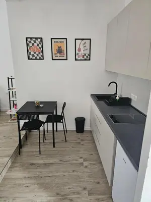 a kitchen with a table and a sink and a table at Cloud 9 Apartment in Lajkovići