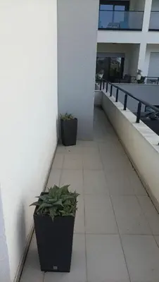 two potted plants sitting on the side of a building at Ars Dobra Voda in Dobra Voda