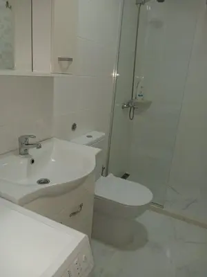 a bathroom with a sink and a toilet and a shower at L&D Apartments in Ulcinj