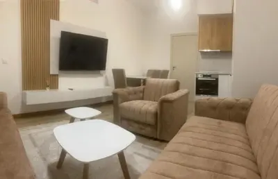 a living room with a couch and a tv at L&D Apartments in Ulcinj