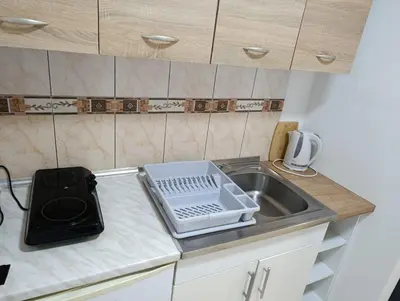 a kitchen counter with a sink and a dishwasher at Aparments Plaza in Velika Plaža