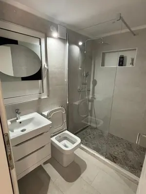 a bathroom with a shower and a toilet and a sink at studio Oliva home in Utjeha