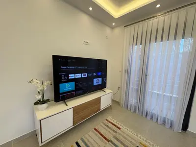 a living room with a large flat screen tv at Luxury Villa Ulcinj Štoj in Donji Štoj