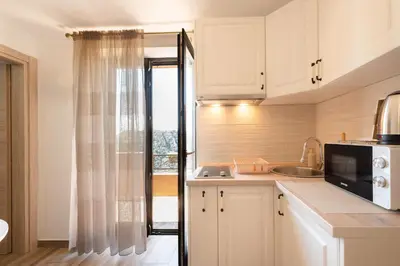 a kitchen with a sink and a microwave at Big Hill Apartment 2 in Kotor