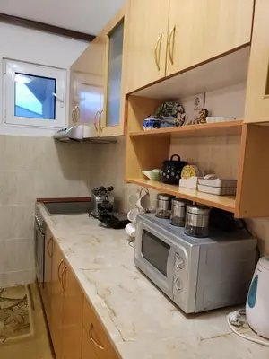 a kitchen with a sink and a microwave at Отдых с комфортом и близко к морю in Bar, Susanj