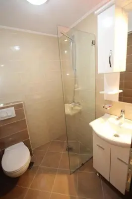 a bathroom with a shower and a toilet and a sink at Lotos in Dobra Voda