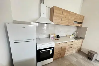 a kitchen with a white refrigerator and wooden cabinets at Vaidas place in Ulcinj