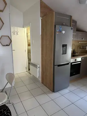 a kitchen with a refrigerator and a table and a chair at Apartman Mimi in Budva