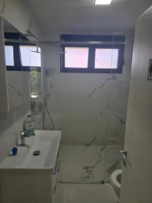a bathroom with a sink and a shower and a toilet at Lux apartment in Podgorica
