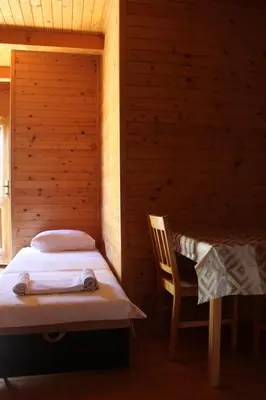 a bedroom with two beds and a wooden wall at Lotos - vikendica 1 in Bar