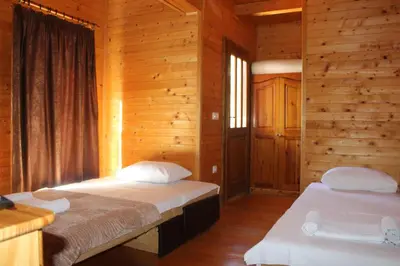 two beds in a room with wooden walls at Lotos - vikendica 1 in Bar