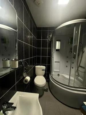 a bathroom with a toilet and a shower and a sink at Uros Apartments in Tivat
