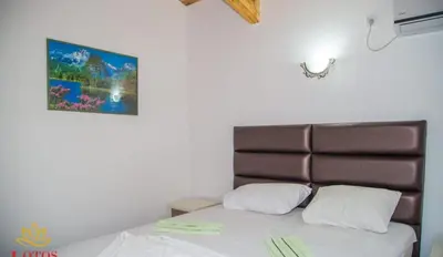 a bedroom with a bed with a brown headboard at Lotos - family stan in Bar