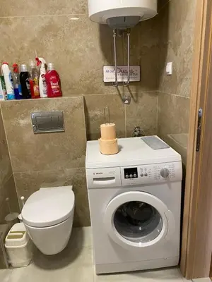 a bathroom with a washing machine and a toilet at Montesin cozy studio in Budva
