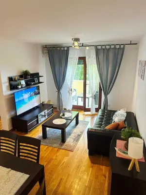 a living room with a black couch and a tv at Sun Apartment in Petrovac na Moru