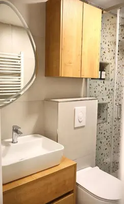 a bathroom with a sink and a toilet and a mirror at Fighen Apartment in Budva