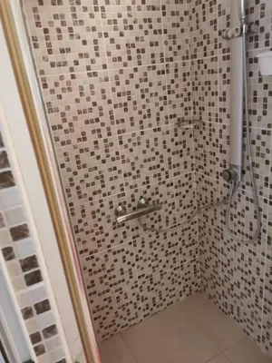 a shower in a bathroom with black and white tiles at Laguna in Donji Štoj