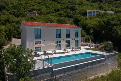 a villa with a swimming pool in front of a house at Villa Zvis Sea View with Private Pool & Peaceful Stay in Budva