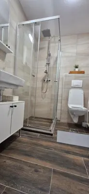 a bathroom with a shower and a toilet at kotor apartman 3 in Kravlja
