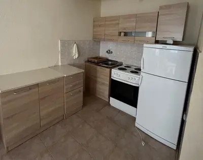 a kitchen with a stove and a white refrigerator at Seaside Ilino in Bar