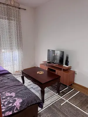 a living room with a tv and a coffee table at Stan na dan, Stari aerodrom! in Podgorica