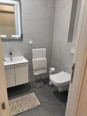 a bathroom with a white toilet and a sink at Montenegro Ulcinj Apartments in Kravlja