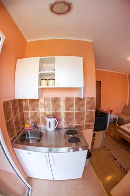 a small kitchen with a sink and a microwave at Lidia Apartments in Budva