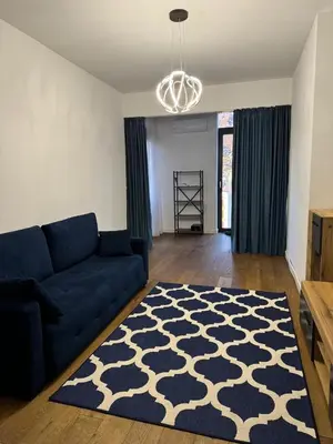 a living room with a blue couch and a rug at Soho CIty 808A in Bar