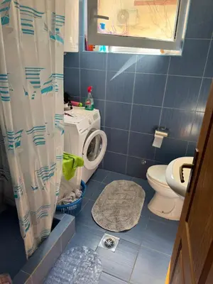 a bathroom with a toilet and a shower curtain at Apartman Adea in Donji Štoj