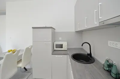 a white kitchen with a sink and a microwave at Holiday Home Stanka in Kotor