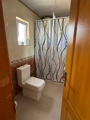 a bathroom with a toilet and a shower curtain at Agron apartments in Ulcinj