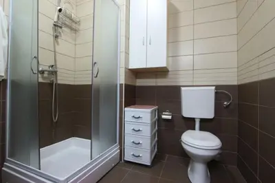 a small bathroom with a toilet and a shower at Jelena in Budva