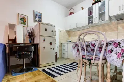 a kitchen with a table and chairs and a refrigerator at Jelena in Budva