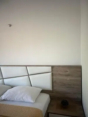 a bedroom with a bed with a wooden headboard at Enes Apartments in Ulcinj