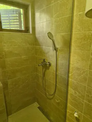 a shower with a glass door in a bathroom at Golden Bay Apartment in Kotor