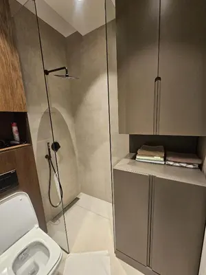 a bathroom with a shower and a toilet at Montebay Apartment in Becici