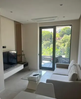 a living room with a couch and a television at Montebay Apartment in Becici