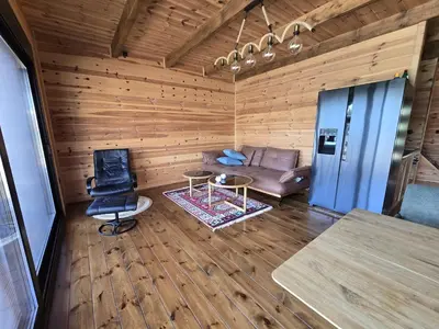 a living room with a couch and a chair at CabinAtRiver Ada Bojana in Ulcinj