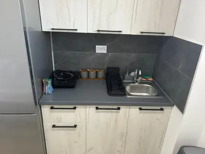 a small kitchen with a sink and a counter at Apartmani Filipovic in Podgorica